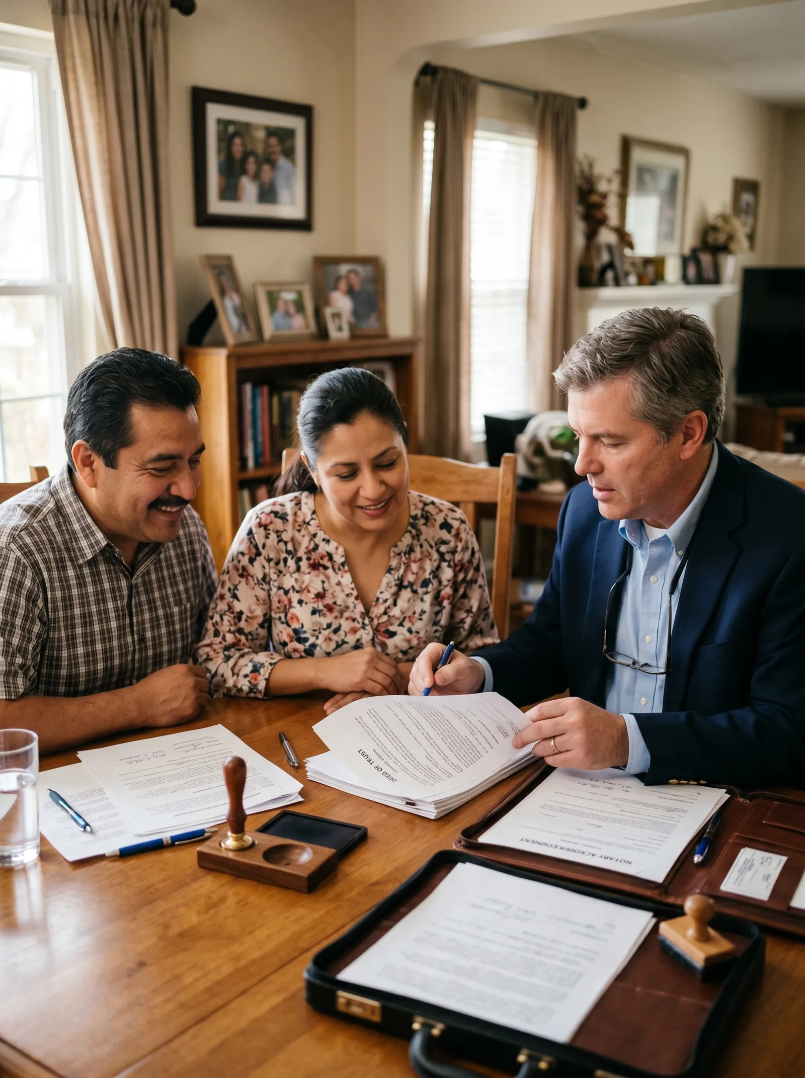 Mobile notary reviewing a grant deed with a couple at their home in Sacramento before notarizing the real estate document