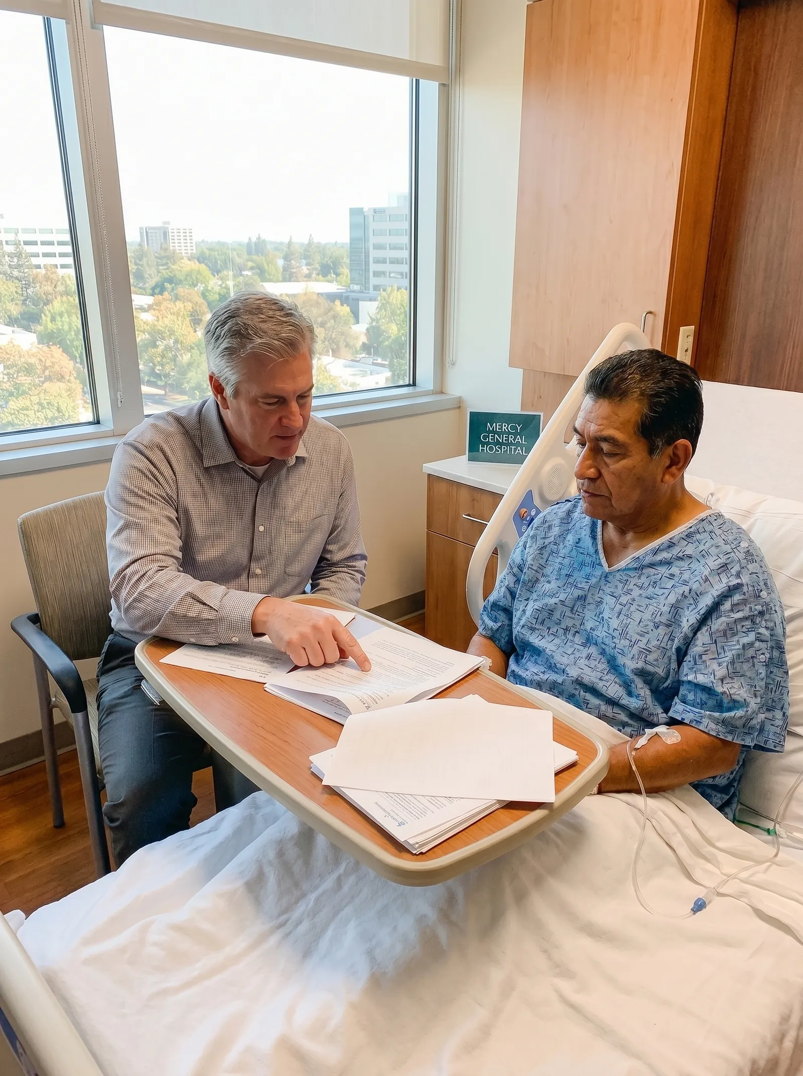 Mobile notary providing bedside notary services at Mercy General Hospital