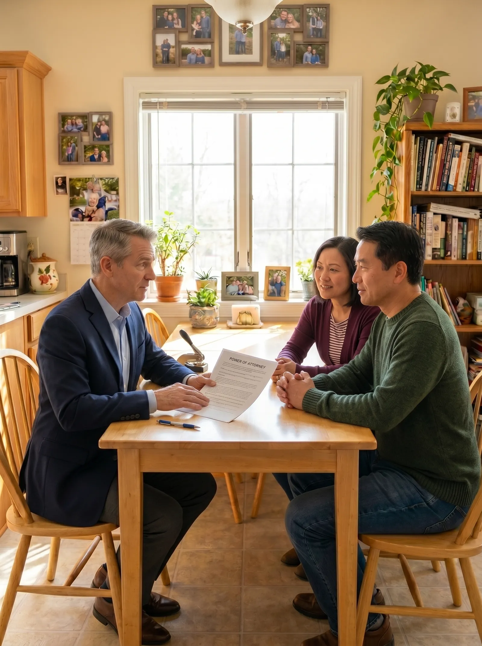 Mobile notary meeting with a couple at their home to notarize a power of attorney document in Sacramento