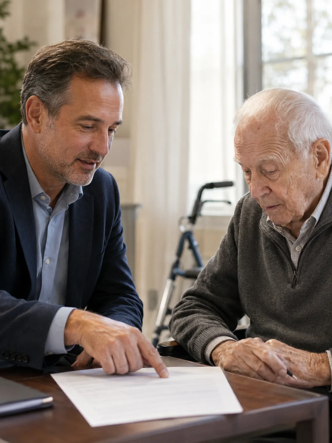 Mobile notary explaining a legal document line by line to an elderly man before he signs at a Sacramento assisted living apartment