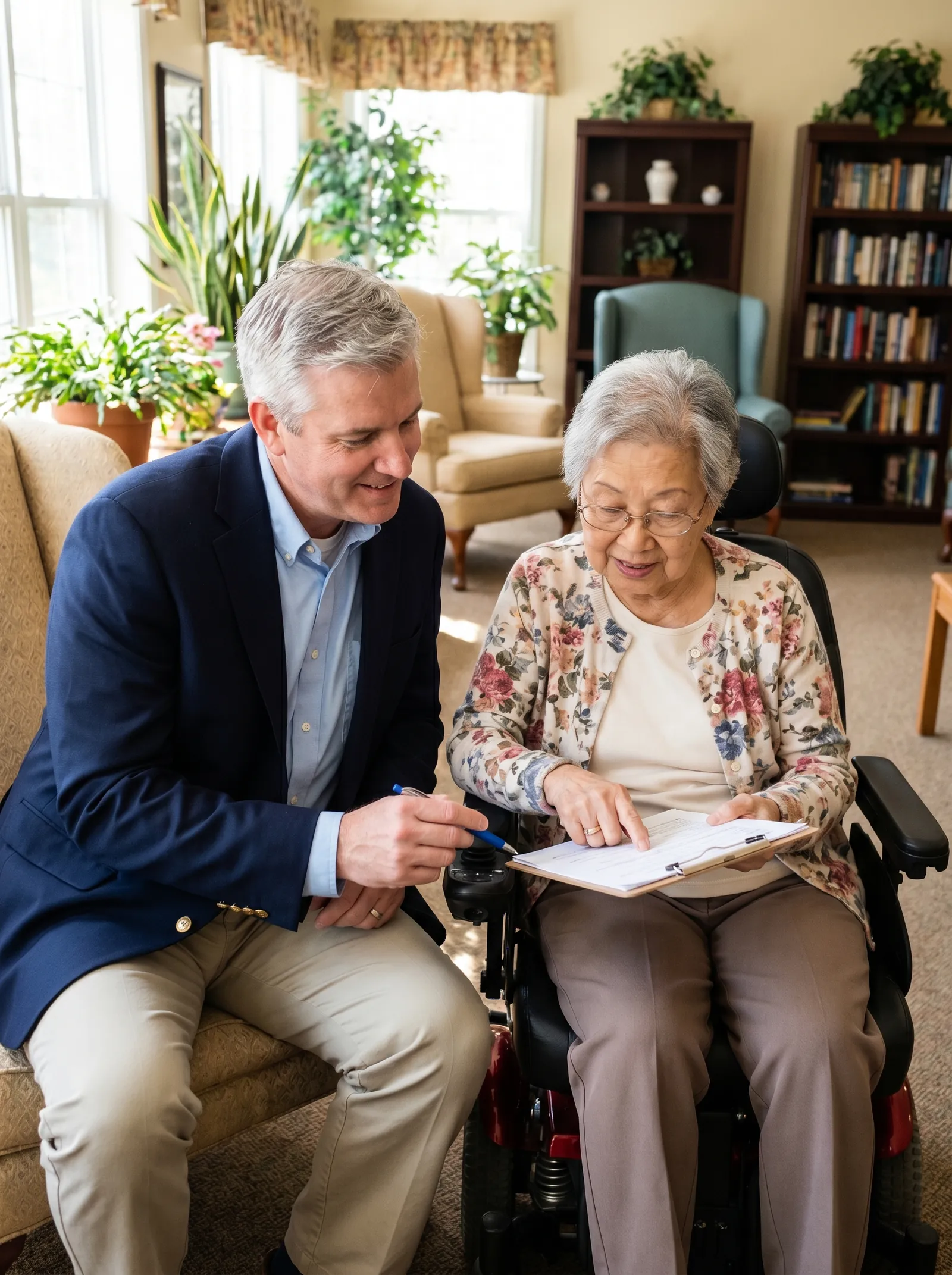 Mobile notary assisting a senior resident at a Sacramento care facility with document signing