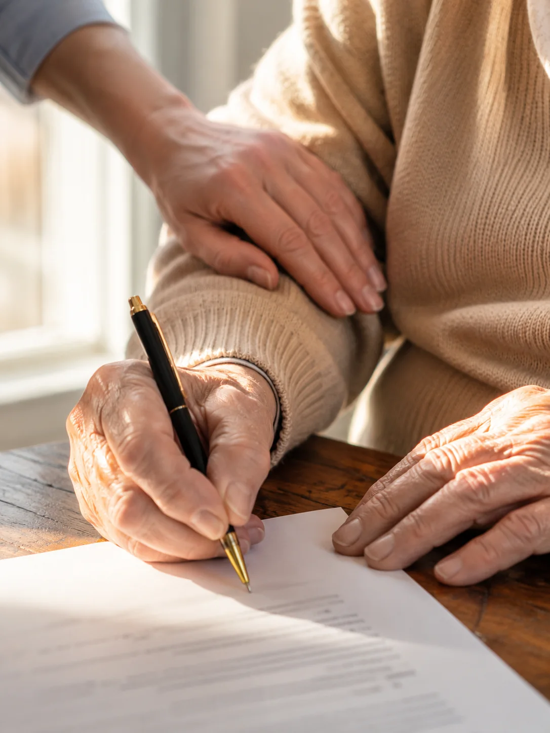 An adult child's hand resting on an elderly parent's arm for reassurance as the parent signs a document to be notarized